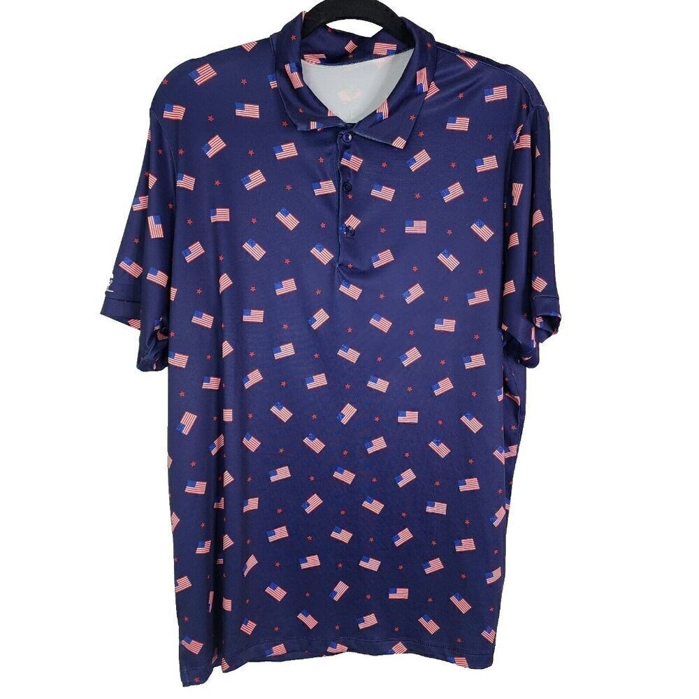 CADDY CART GOLF moisture WICKING, UPF s/s polo sz L‎ FLAGS and STARS- Navy blue